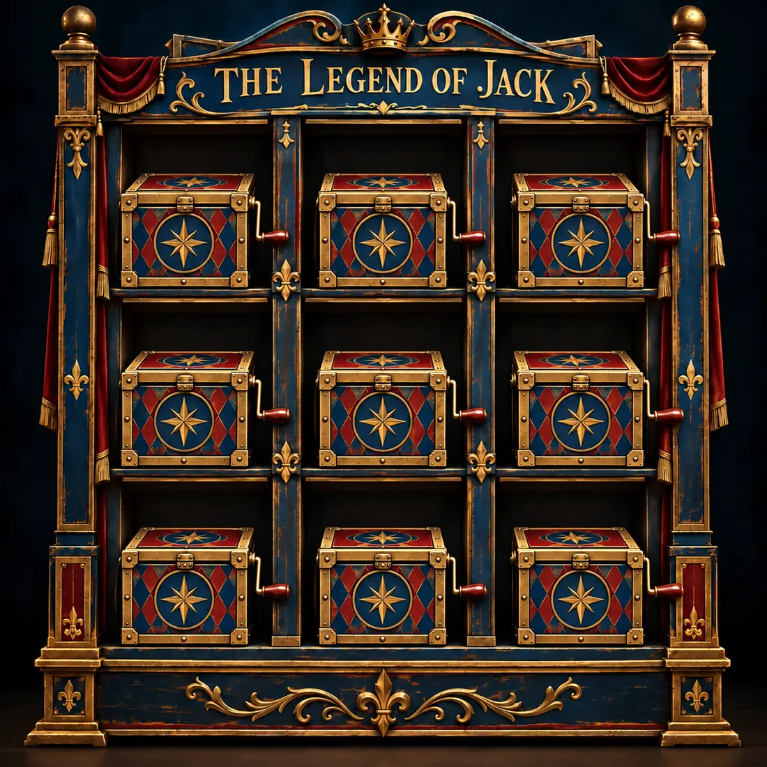 The Legend of Jack enchanted cabinet with nine closed jack-in-the-box compartments