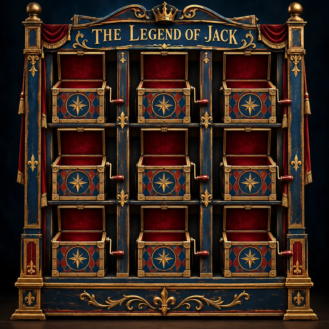 The Legend of Jack enchanted cabinet with nine upright open jack-in-the-box compartments